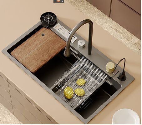 Waterfall Faucet Cabinet Basins 75*45 Stainless Steel Handmade Kitchen Undermount Sink