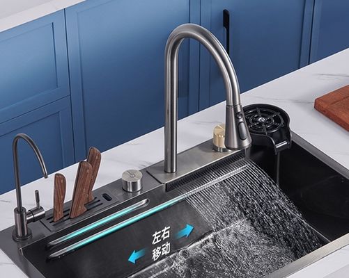 Grey 75*45 Single Bowl Countertop Undermount SUS304 Kitchen Sink with Rainfall Faucet Pull-Out Sprayer