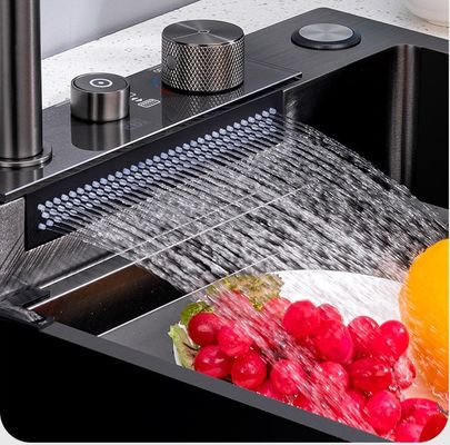 Grey 75*45 Single Bowl Countertop Undermount SUS304 Kitchen Sink with Rainfall Faucet Pull-Out Sprayer