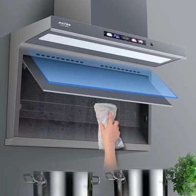Aluminum Housing Kitchen Range Hood with Wall Mounted Curve Glass Chimney Design