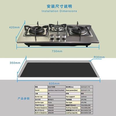 Automatic Piezo Ignition 3 Burner Stainless Steel Gas Stove for Desktop Embedded Type
