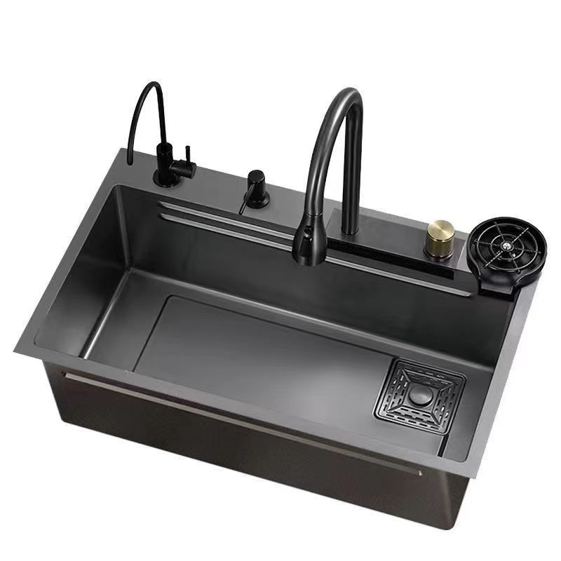 Grey 75*45 Single Bowl Countertop Undermount SUS304 Kitchen Sink with Rainfall Faucet Pull-Out Sprayer